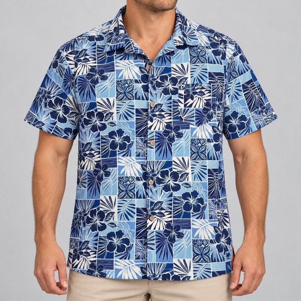 Caribbean Joe Hawaiian Shirt Men’s Medium Blue Hibiscus Tropical Camp Button Up